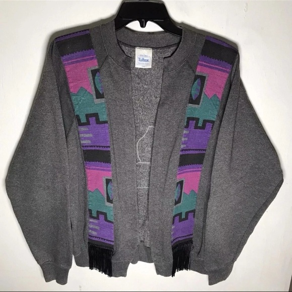 Tultex Tops - VTG Tribal Fringe Cardigan Sweatshirt‎ Southwestern Embroidered Hipster Retro L
